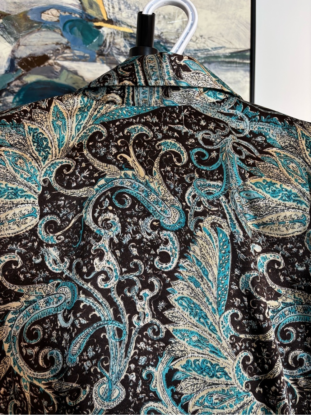 Paisley Button-Front Long-Sleeve Top in Teal and Brown Stretch - Picture 6 of 10